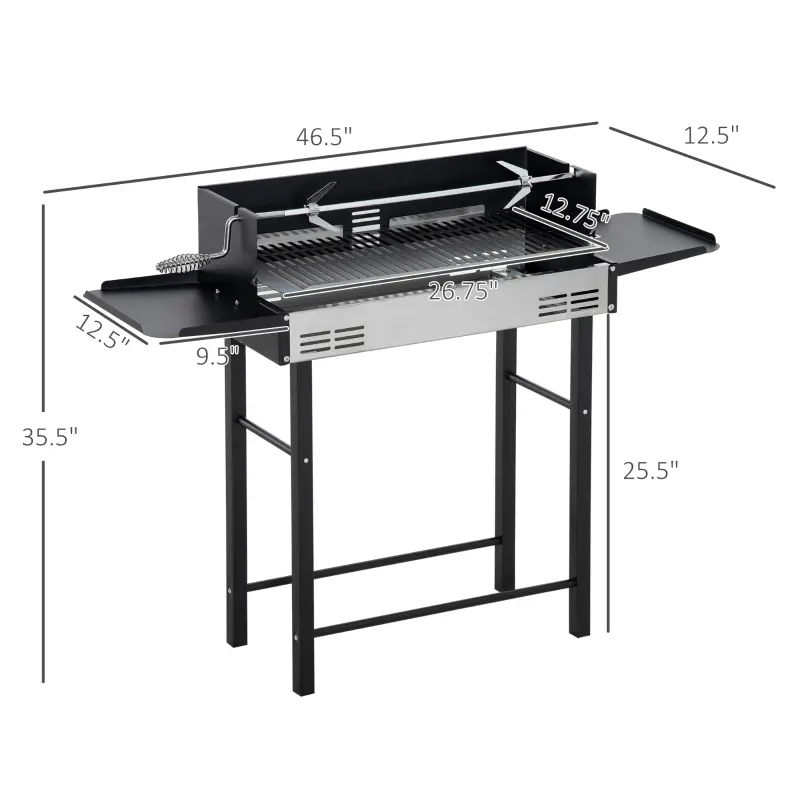 Outsunny 46" Charcoal BBQ Grill and Smoker Combo BBQ Rotisserie Grill Roaster Charcoal Spit Roasting Machine for Chicken, Turkey Foldable Storage Shelves