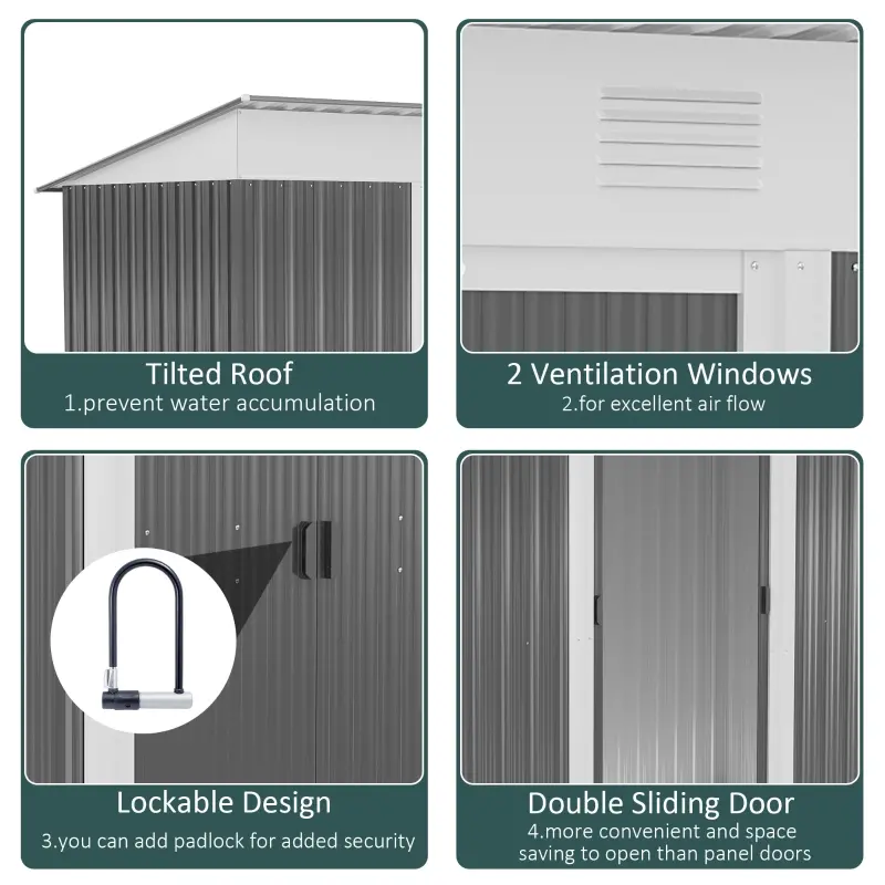 Outsunny 8' x 3.5' Metal Lean to Garden Shed, Outdoor Storage Shed, Garden Tool House with Double Sliding Doors, 2 Air Vents for Backyard, Patio, Lawn, Gray