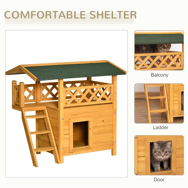 PawHut Outdoor Cat House, 2-Story Shelter for Feral Cats, Wooden Kitten Condo with Asphalt Roof, Stairs, Balcony, 30"x20"x29", Natural