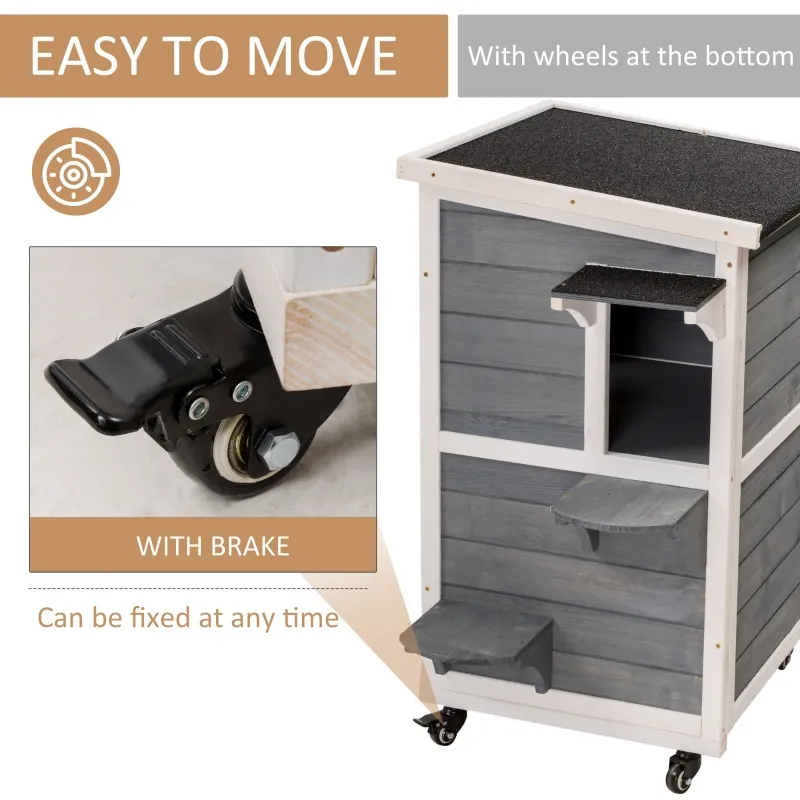 PawHut Outdoor Cat House 2-Floor Wooden Feral Cat Shelter with Universal Wheels, Escape Door and Openable Asphalt Roof, Gray