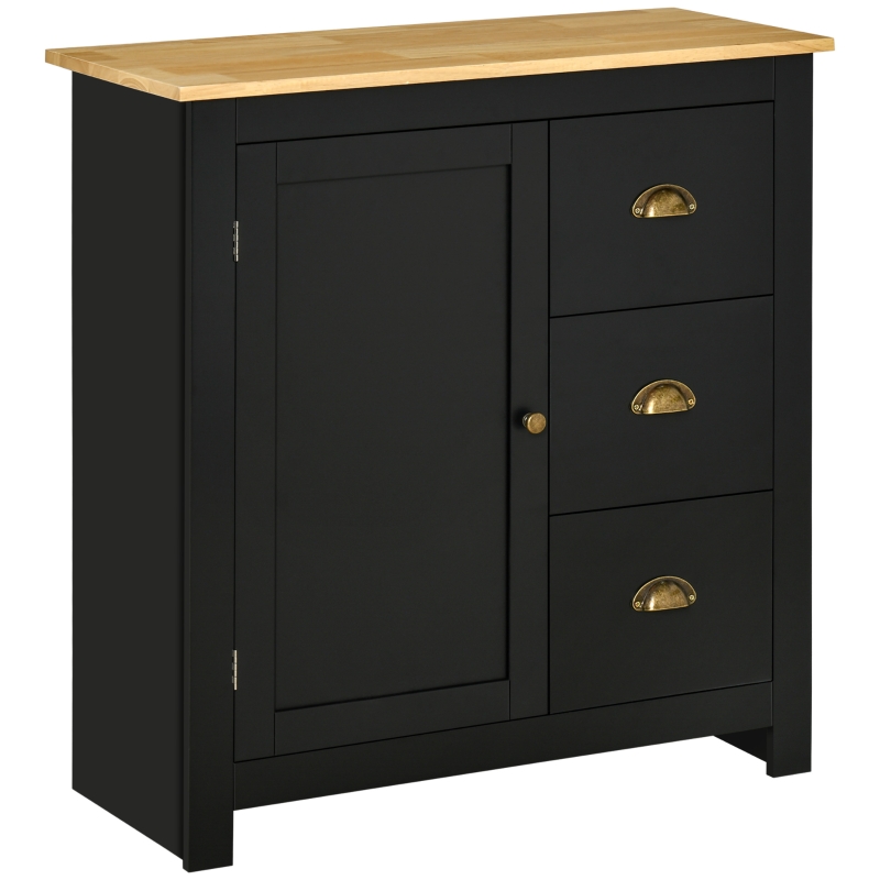 HOMCOM Modern Floor Cabinet, Storage Sideboard, Kitchen Buffet Table with Rubberwood Top, 3 Drawers and Cabinet with Adjustable Shelf, Black