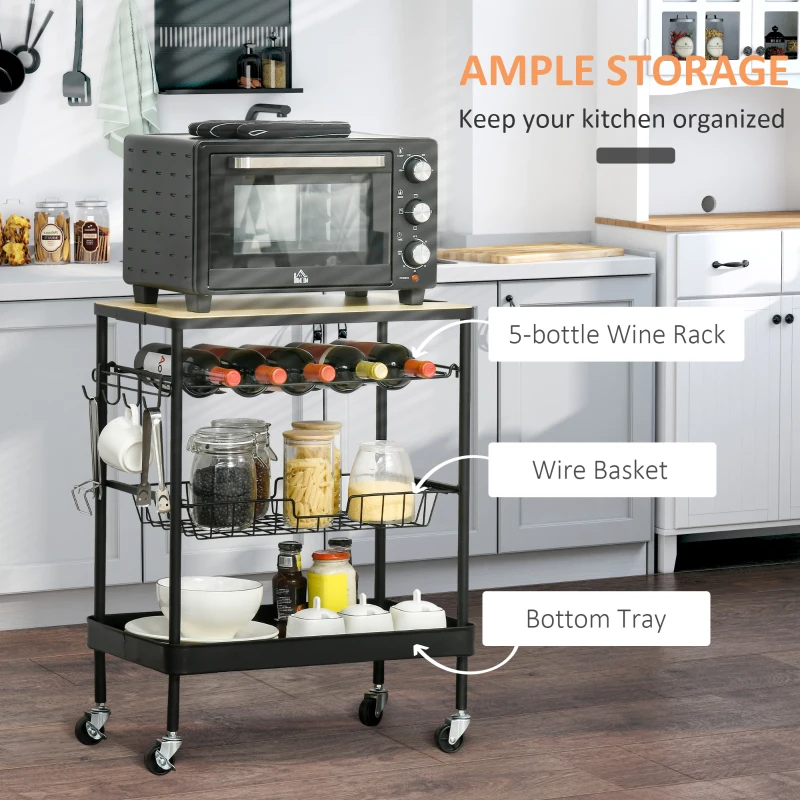 HOMCOM Rolling Kitchen Cart, 3-Tier Utility Storage Trolley with Wine Rack, Mesh Drawer and Side Hooks for Dining Room, Black/Natural
