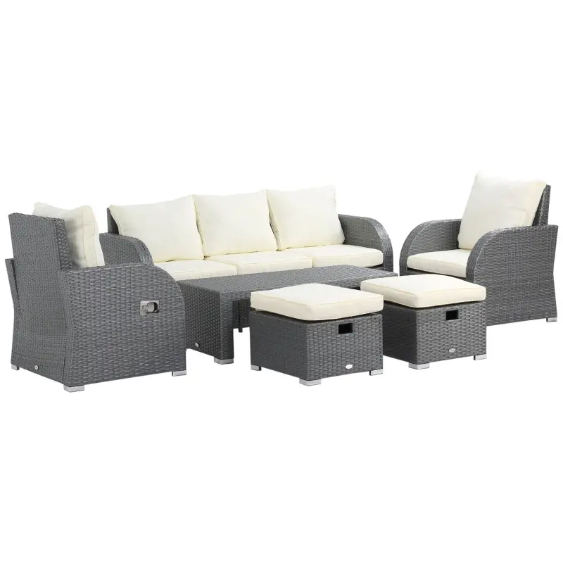 Outsunny 6-Piece Outdoor Rattan Patio Sectional Sofa Set with 3-Seat Couch, 2 Recliners, 2 Ottoman Footrests, & Coffee Table Conversation Set, Cream White