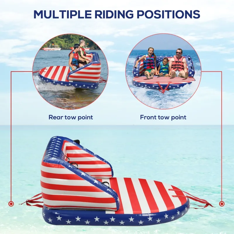 Outsunny 3 Person Towable Tubes for Boating, Spacious Family Size Inflatable Boat Tube Blow Up Couch w/ Front and Back Tow Points for Multiple Riding Positions Water Sports, American Flag Pattern