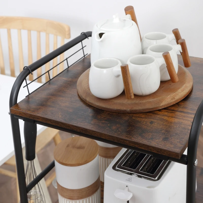 HOMCOM Kitchen Cart with Storage, 16"W Slim Rolling Cart, 4 Tier Kitchen Shelves on Wheels with Side Racks, 2 Basket for Fruit Vegetable, Utility Cart for Narrow Space, Laundry, Rustic Brown