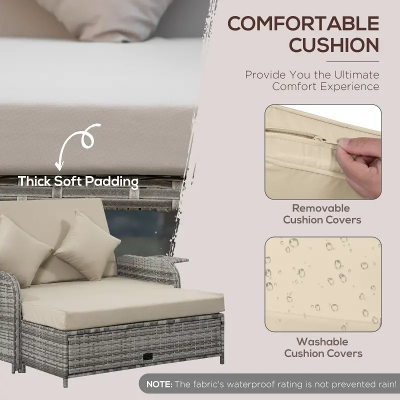 Outsunny Rattan Patio Daybed with Cushions, Outdoor Wicker Lounger with Loveseat, Storage Ottoman, Coffee & Side Tables, Gray