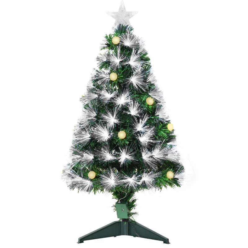 HOMCOM 3ft Tall Pre-Lit Douglas Fir Artificial Christmas Tree with Fiber Optic Ball LED Lights and 90 Tips, Green