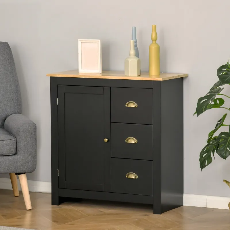 HOMCOM Modern Kitchen Cabinet, Storage Sideboard, Buffet Table with Rubberwood Top, 3 Drawers and Cabinet with Adjustable Shelf, Black
