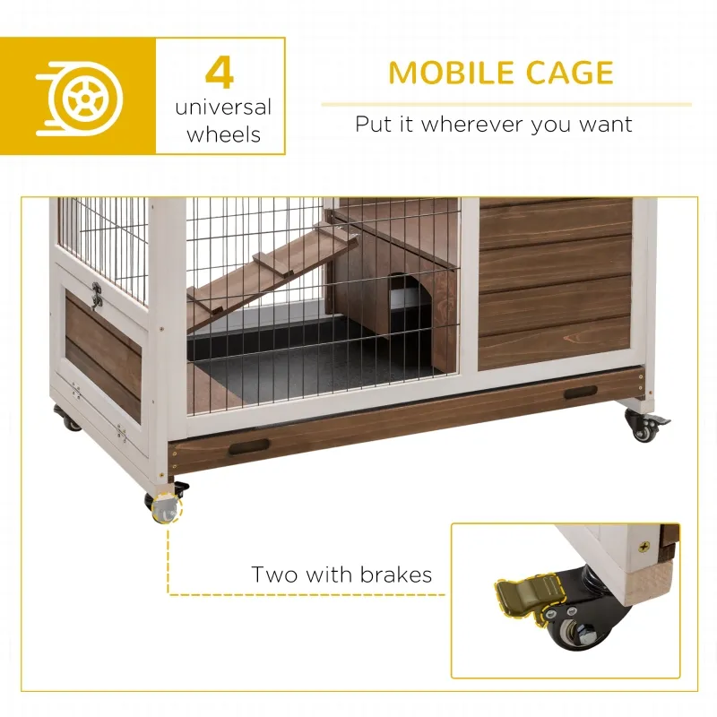 PawHut Indoor Rabbit Enclosure, on Wheels, Indoor Bunny Cage Small Animal House with Pull Out Tray Casters Ramp, 35.5" x 21" x 23", Brown
