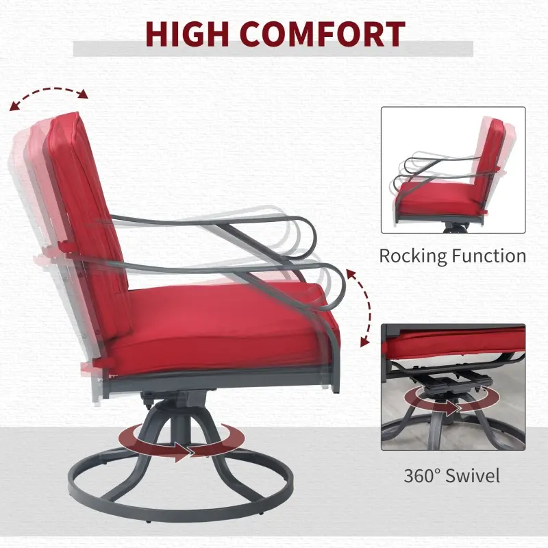 Outsunny 3 Pieces Outdoor Bistro Set, 2 Swivel Rocker Chairs and 1 Round Tempered Glass Table with Cushion, Red