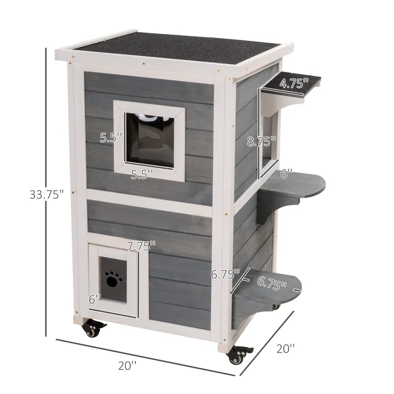 PawHut Outdoor Cat House 2-Floor Wooden Feral Cat Shelter with Universal Wheels, Escape Door and Openable Asphalt Roof, Gray