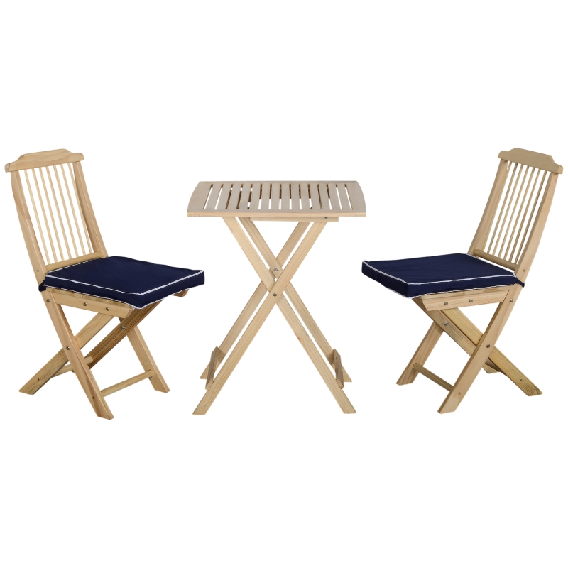 Outsunny 3 Piece Patio Bistro Set, Folding Outdoor Wood Chairs and Table Set with Padded Cushions for Poolside Garden, Natural