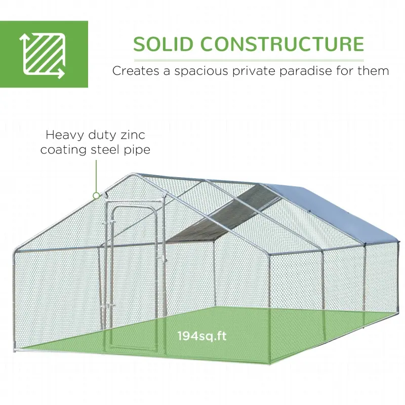 PawHut Large Chicken Coop Metal Chicken Run for Chicken with Waterproof and Anti-UV Cover, Spire Shaped Walk-in Fence Cage Hen House for Outdoor and Yard Farm Use, 1.26" Dia, 9.8' x 19.7' x 6.4'