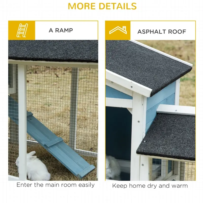 PawHut Rabbit Hutch, Wooden Bunny Hutch, Guinea Pig Cage, Small Animal Enclosure with Run Area, Removable Tray, Asphalt Roof, Lockable Doors and Ramp, Light Blue