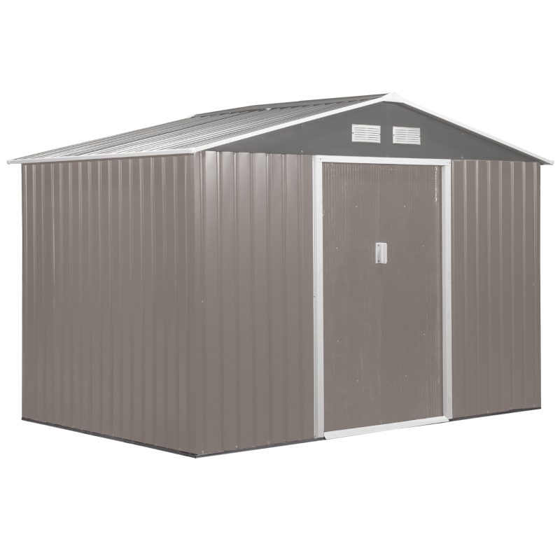 Outsunny 9' x 6.5' x 6.5' Outdoor Backyard Garden Tool Shed with Double Sliding Doors, 4 Air Vents, and Steel Frame, Grey