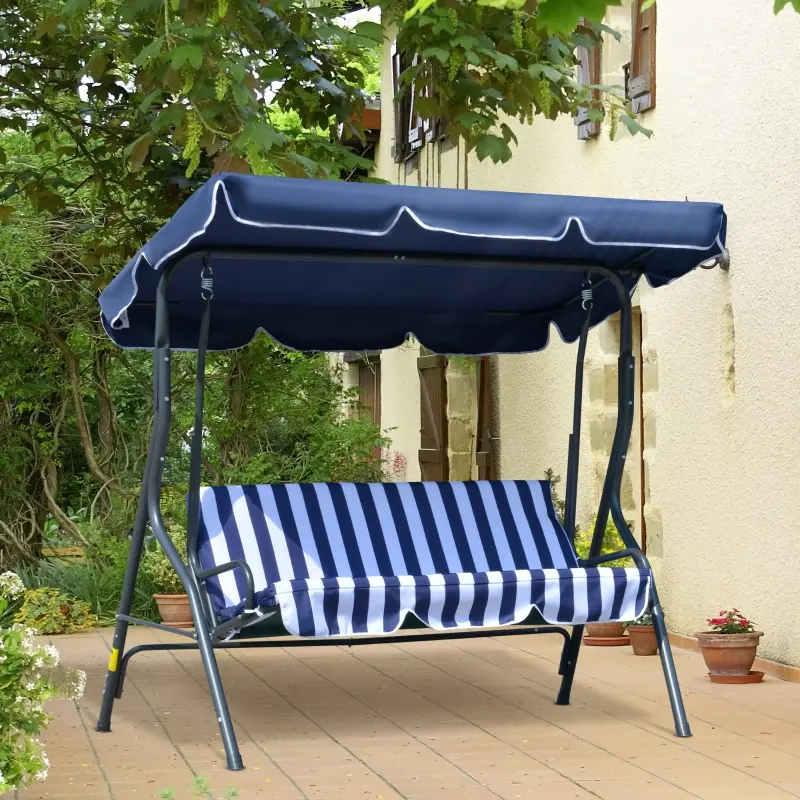 Outsunny 3-Person Porch Swing with Canopy, Patio Swing Chair, Outdoor Canopy Swing Bench with Adjustable Shade, Cushion and Steel Frame, Dark Blue