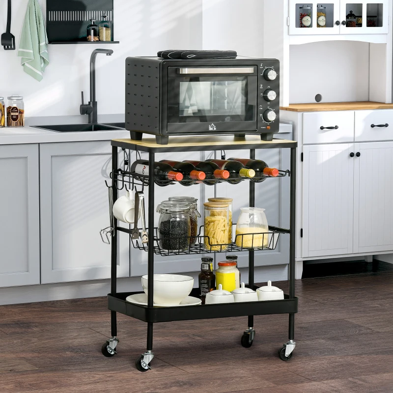 HOMCOM Rolling Kitchen Cart, 3-Tier Utility Storage Trolley with Wine Rack, Mesh Drawer and Side Hooks for Dining Room, Black/Natural