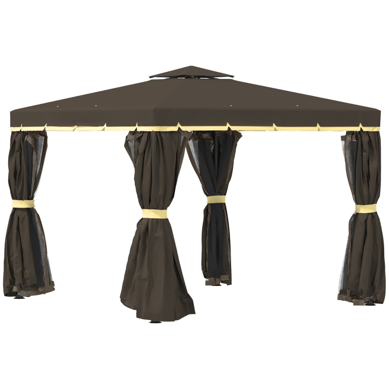 Outsunny 10' x 10' Patio Gazebo Outdoor Canopy Shelter with Netting & Curtains, Coffee