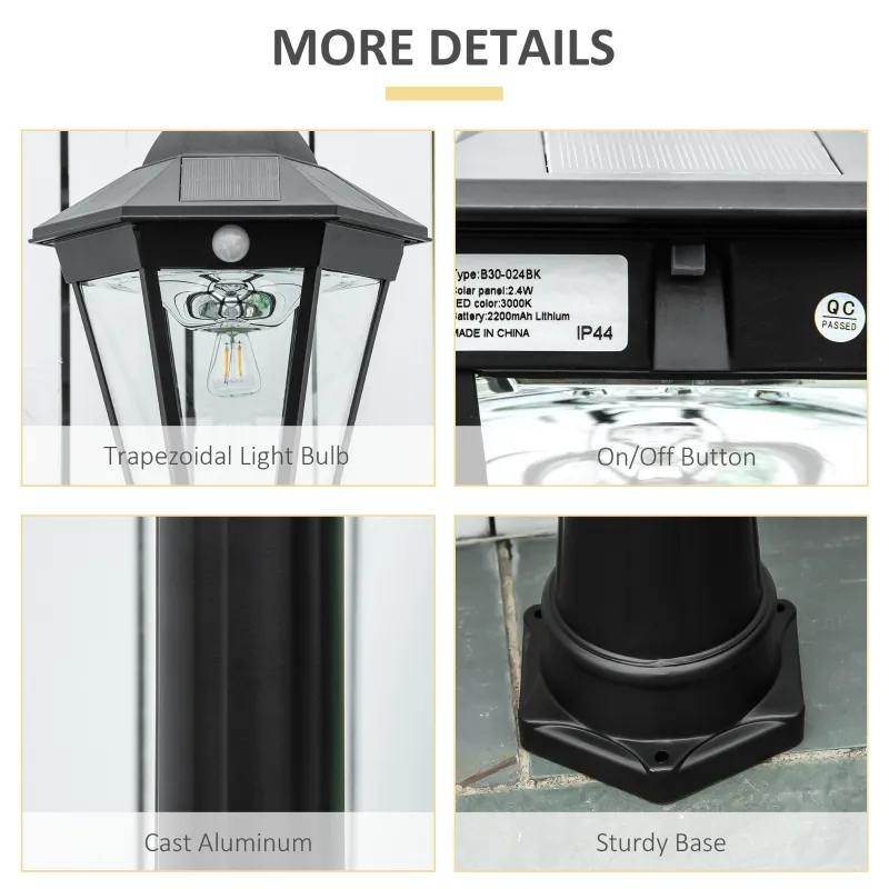 Outsunny 92.5" Outdoor Lamp Post Light, Solar-Powered Streetlight, w/ Clear Glass, Black