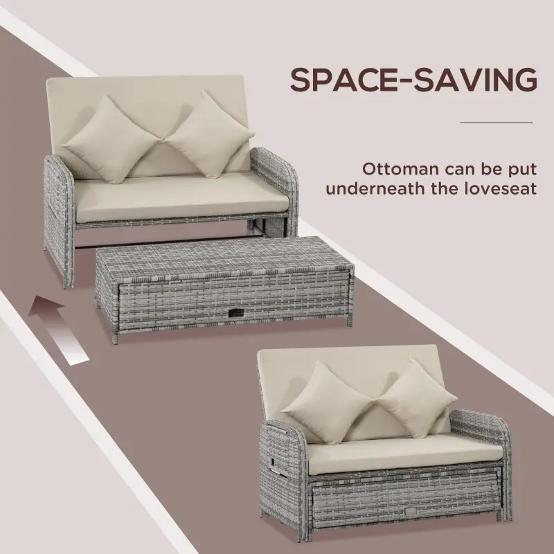 Outsunny Rattan Patio Daybed with Cushions, Outdoor Wicker Lounger with Loveseat, Storage Ottoman, Coffee & Side Tables, Gray