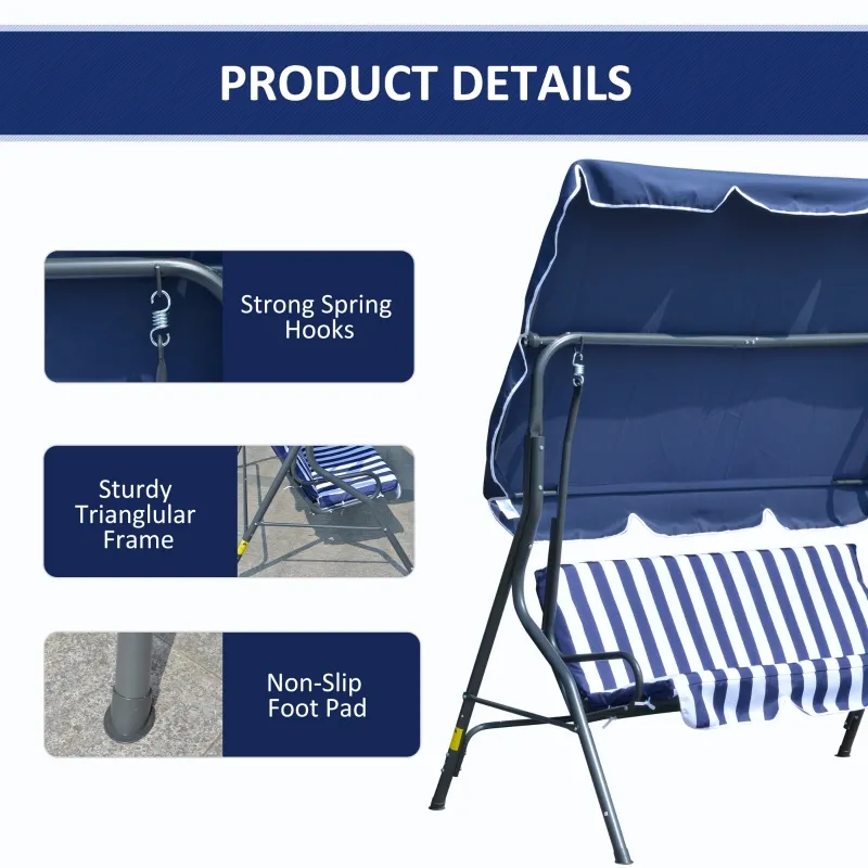 Outsunny 3-Person Porch Swing with Canopy, Patio Swing Chair, Outdoor Canopy Swing Bench with Adjustable Shade, Cushion and Steel Frame, Dark Blue