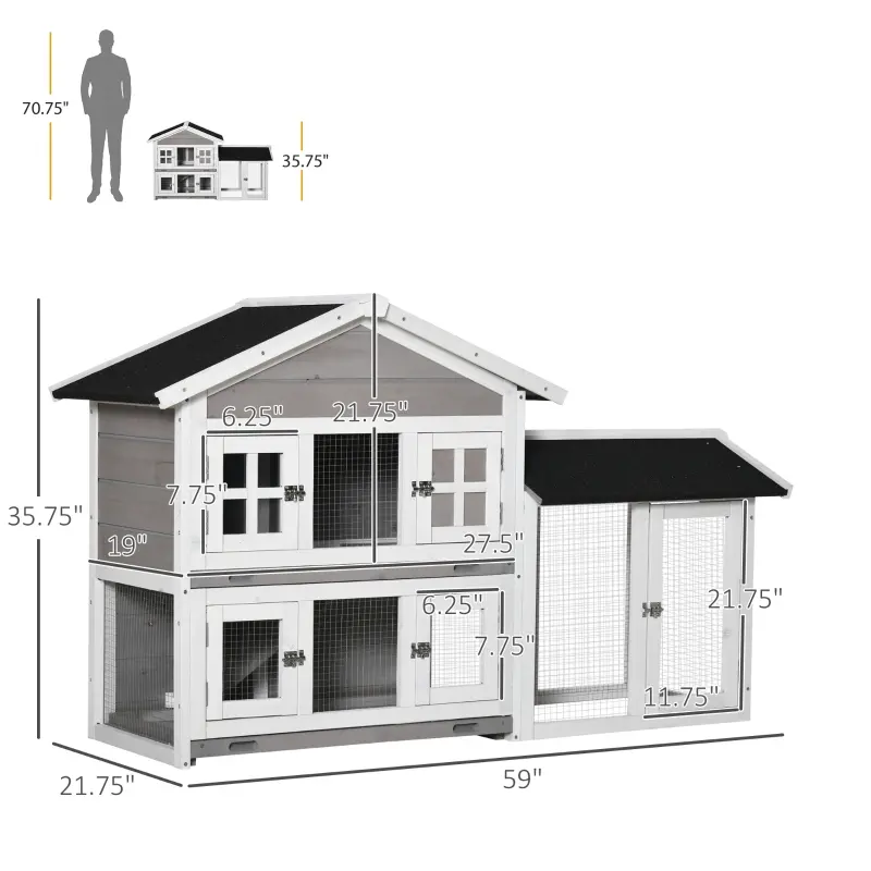 PawHut 59" Wooden Rabbit Hutch 2 Tier Bunny House with Slide-out Tray Ramp, Grey