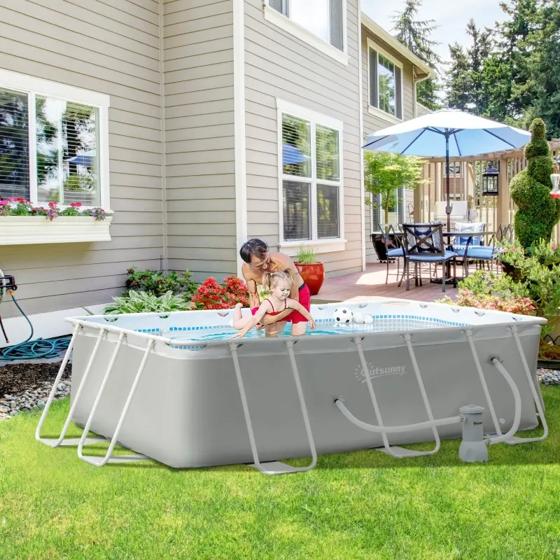 Outsunny 11' x 6' x 32" Above Ground Swimming Pool, Rectangular Steel Frame, Non-Inflatable, Filter Pump, Light Grey