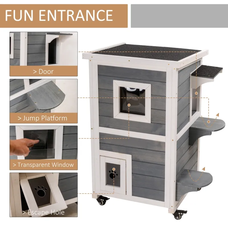 PawHut Outdoor Cat House 2-Floor Wooden Feral Cat Shelter with Universal Wheels, Escape Door and Openable Asphalt Roof, Gray