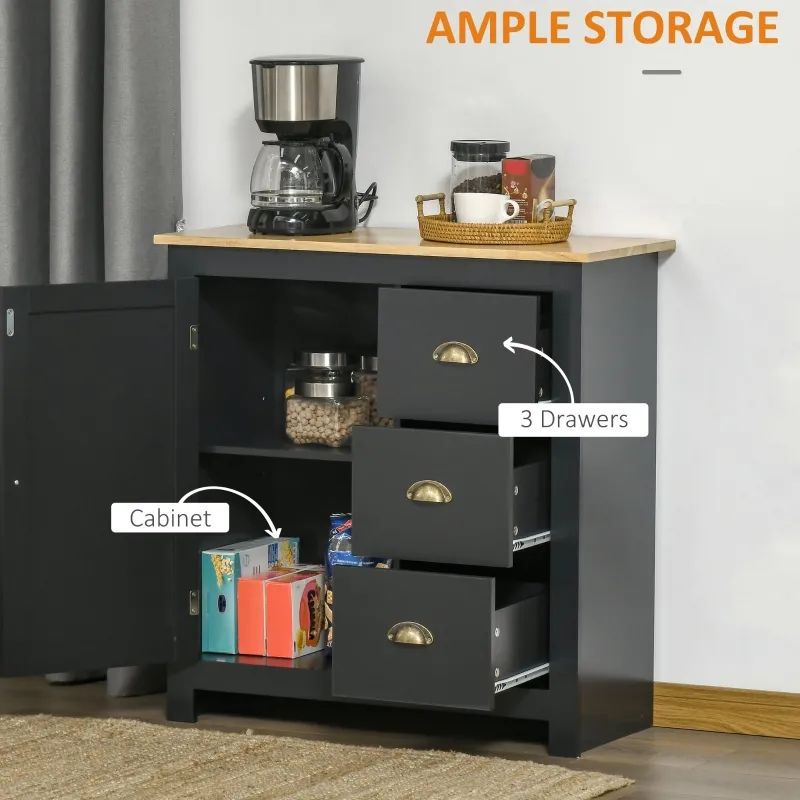 HOMCOM Modern Kitchen Cabinet, Storage Sideboard, Buffet Table with Rubberwood Top, 3 Drawers and Cabinet with Adjustable Shelf, Black