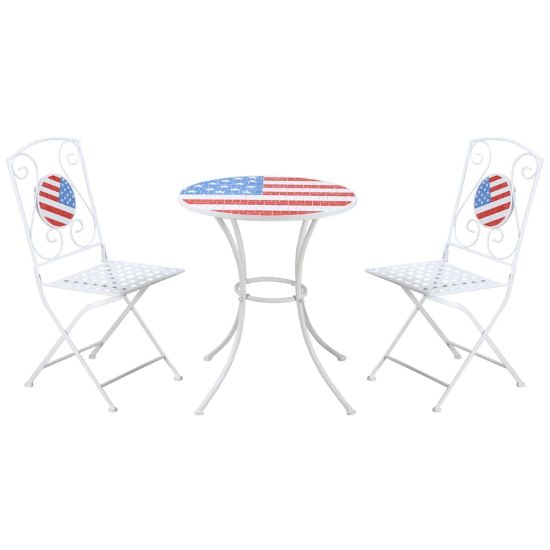 Outsunny 3 Piece Patio Bistro Set with Coffee Table and 2 Folding Chairs, Mosaic American Flag Tabletop and Backs, for Garden, Balcony, White