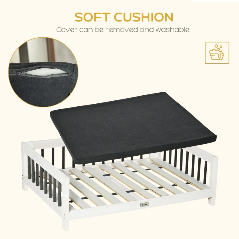 PawHut Wood Dog Bed with Supportive Cushion, Elevated Dog Bed with Removable Cushion Cover, Cute Dog Bed Frame with Pine Wood, Black and White Dog Bed