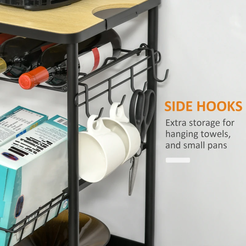 HOMCOM Rolling Kitchen Cart, 3-Tier Utility Storage Trolley with Wine Rack, Mesh Drawer and Side Hooks for Dining Room, Black/Natural