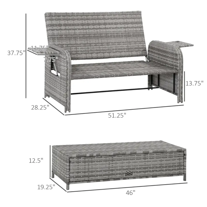 Outsunny Rattan Patio Daybed with Cushions, Outdoor Wicker Lounger with Loveseat, Storage Ottoman, Coffee & Side Tables, Gray