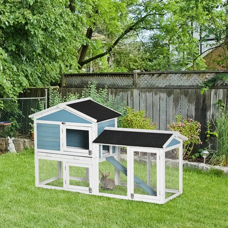 PawHut Rabbit Hutch, Wooden Bunny Hutch, Guinea Pig Cage, Small Animal Enclosure with Run Area, Removable Tray, Asphalt Roof, Lockable Doors and Ramp, Light Blue