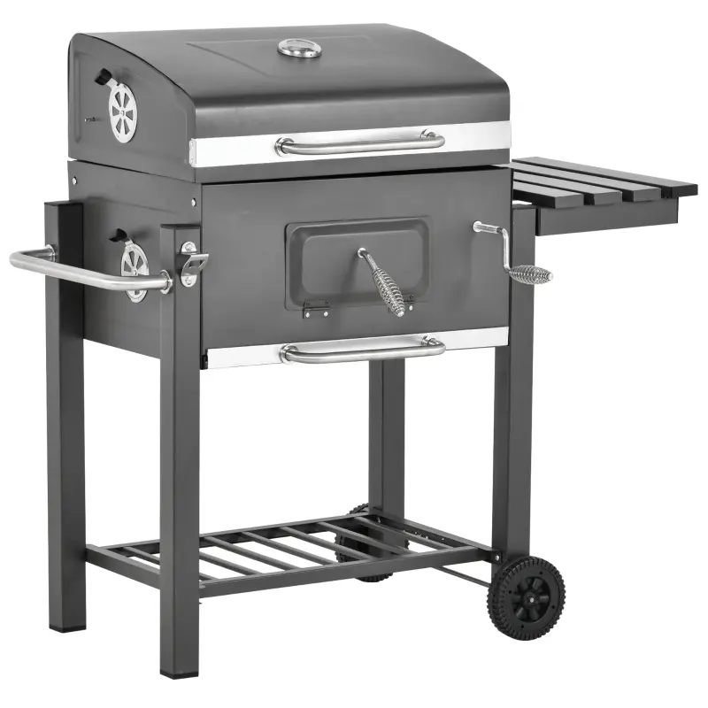 Outsunny 45" Charcoal BBQ Grill and Smoker Combo Outdoor Portable Trolley Camping Picnic Backyard with Side Shelf, Grey