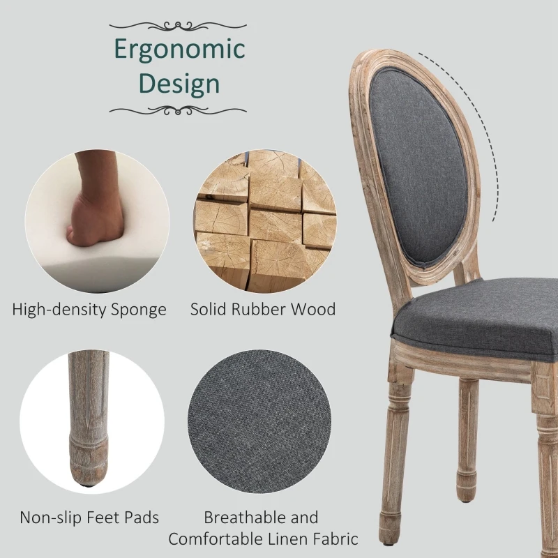 HOMCOM Vintage Armless Dining Chairs Set of 2, French Chic Side Chairs with Curved Backrest and Linen Upholstery for Kitchen, or Living Room, Grey