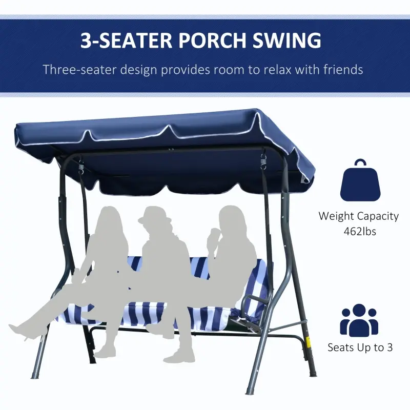 Outsunny 3-Person Porch Swing with Canopy, Patio Swing Chair, Outdoor Canopy Swing Bench with Adjustable Shade, Cushion and Steel Frame, Dark Blue