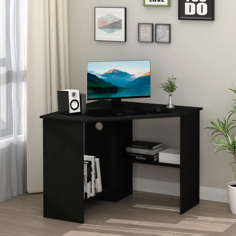 HOMCOM Corner Computer Desk with Storage Shelf, Writing Table Study Workstation for Home Office, Black