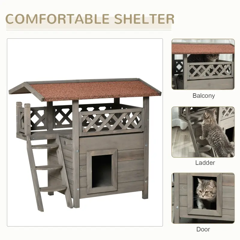 PawHut Wooden Cat House, 2-Floor Feral Cat Shelter, Kitten Condo Outdoor, Small Dog House with Balcony, Stairs, Asphalt Roof, Light Gray