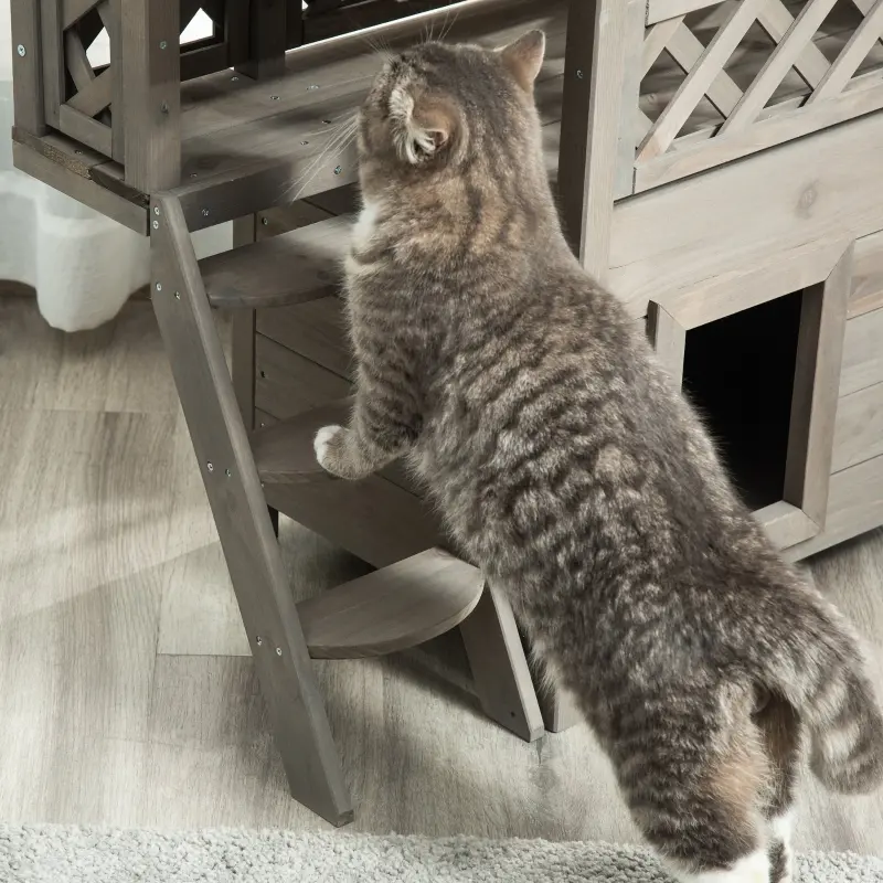 PawHut Wooden Cat House, 2-Floor Feral Cat Shelter, Kitten Condo Outdoor, Small Dog House with Balcony, Stairs, Asphalt Roof, Light Gray