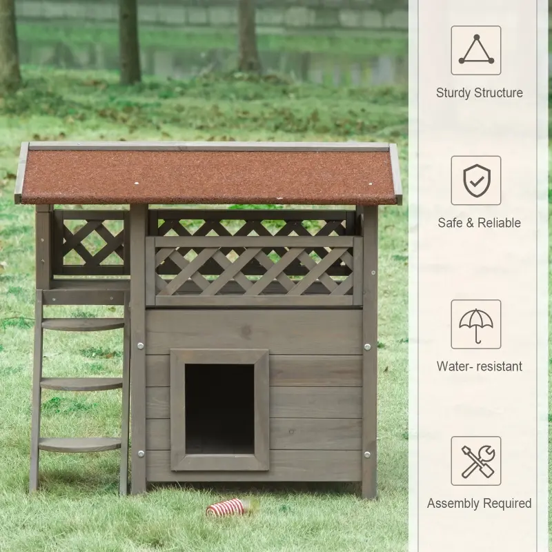 PawHut Wooden Cat House, 2-Floor Feral Cat Shelter, Kitten Condo Outdoor, Small Dog House with Balcony, Stairs, Asphalt Roof, Light Gray