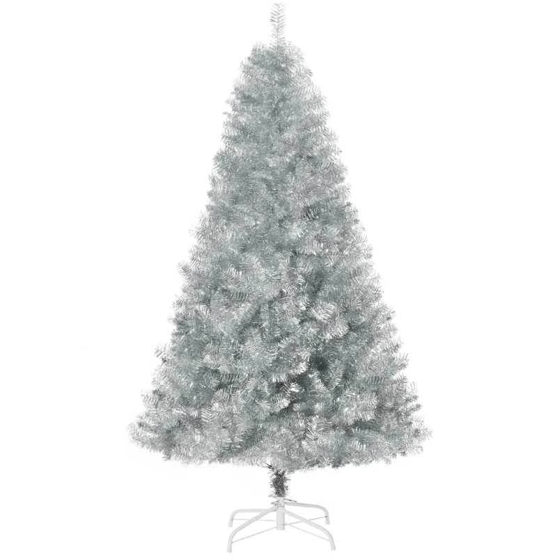 HOMCOM 6ft Unlit Full Pine Artificial Christmas Tree with Realistic Branches, Fake Holiday Tree with 1000 Tips, Silver