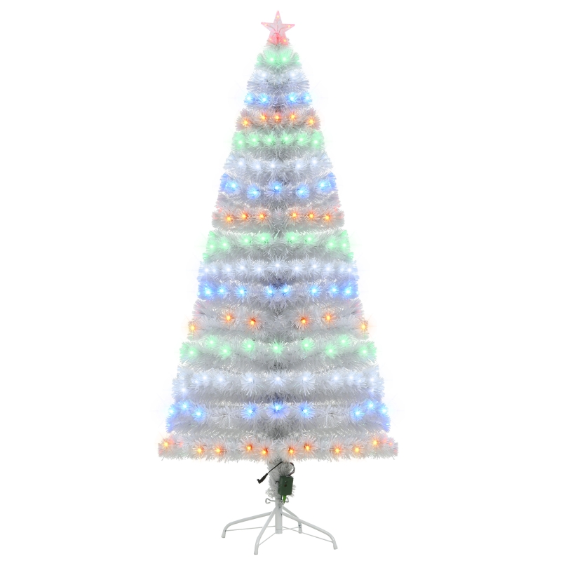 HOMCOM 6ft Tall Fir Artificial Christmas Tree with Realistic Branches, 230 Multi-Color Fiber Optic LED Lights and 230 Tips, White