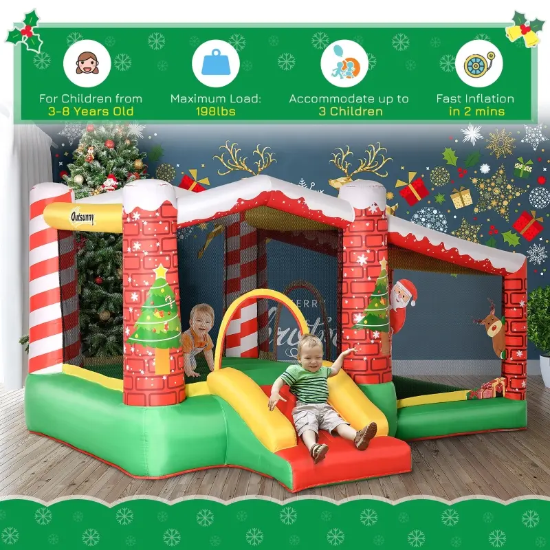 Outsunny 3-in-1 Kids Inflatable Bounce House Christmas Jumping Castle with Christmas Tree Pattern, Includes Trampoline, Pool, Slide, Carry Bag, Repair Patches and Air Blower