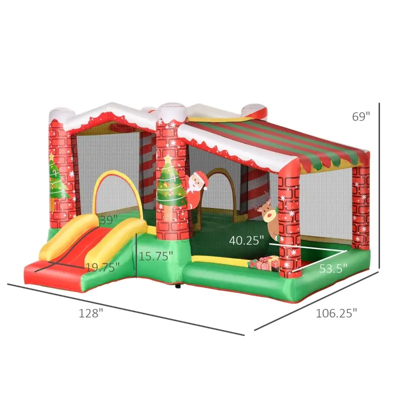 Outsunny 3-in-1 Kids Inflatable Bounce House Christmas Jumping Castle with Christmas Tree Pattern, Includes Trampoline, Pool, Slide, Carry Bag, Repair Patches and Air Blower