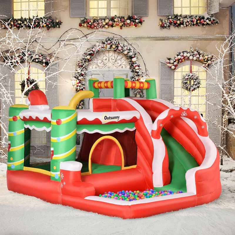 Outsunny 4-in-1 Kids Inflatable Bounce House Christmas Jumping Castle with Christmas Tree Pattern, Includes Trampoline, Pool, Slide, Climbing Wall with Carry Bag, Repair Patches and Air Blower