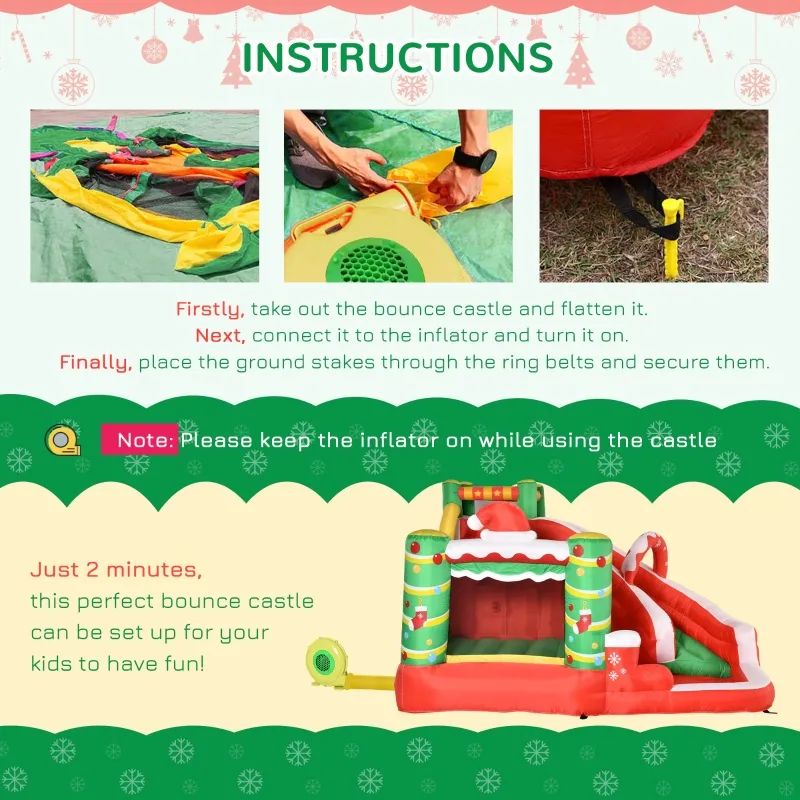 Outsunny 4-in-1 Kids Inflatable Bounce House Christmas Jumping Castle with Christmas Tree Pattern, Includes Trampoline, Pool, Slide, Climbing Wall with Carry Bag, Repair Patches and Air Blower