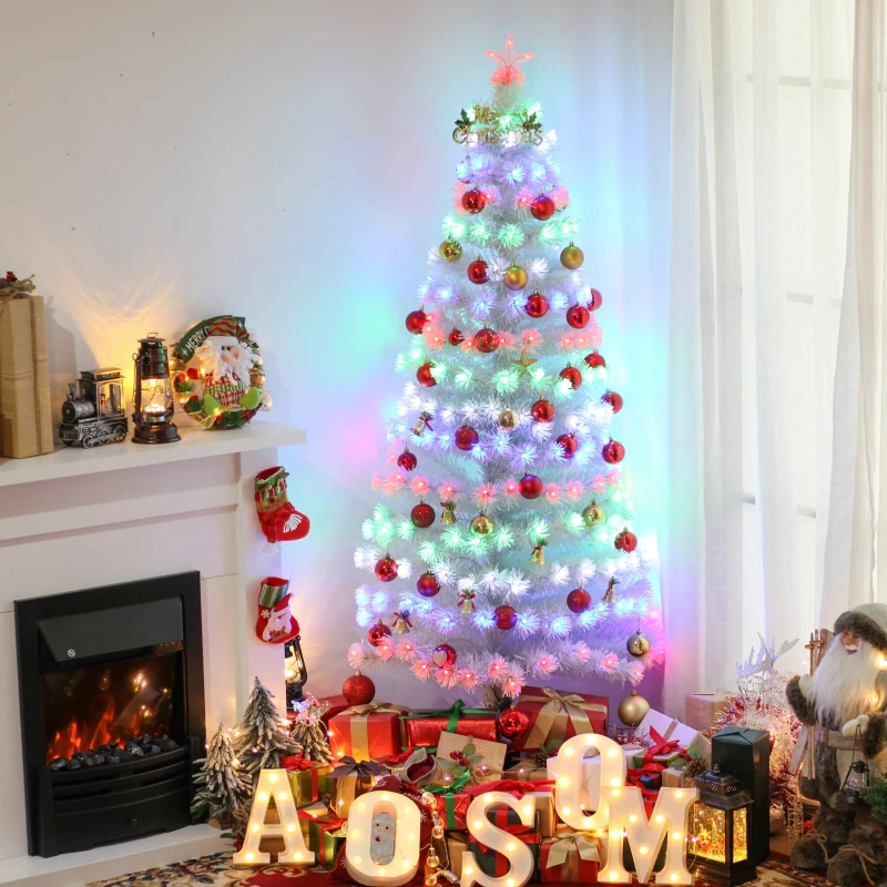 HOMCOM 6ft Tall Fir Artificial Christmas Tree with Realistic Branches, 230 Multi-Color Fiber Optic LED Lights and 230 Tips, White