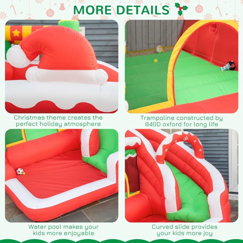 Outsunny 4-in-1 Kids Inflatable Bounce House Christmas Jumping Castle with Christmas Tree Pattern, Includes Trampoline, Pool, Slide, Climbing Wall with Carry Bag, Repair Patches and Air Blower