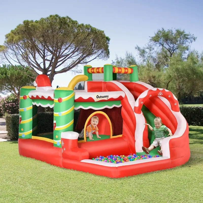 Outsunny 4-in-1 Kids Inflatable Bounce House Christmas Jumping Castle with Christmas Tree Pattern, Includes Trampoline, Pool, Slide, Climbing Wall with Carry Bag, Repair Patches and Air Blower